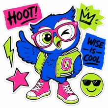 Nomadic Owls mascot — a cartoon owl sticker with bold outlines, pinned to the page like a badge